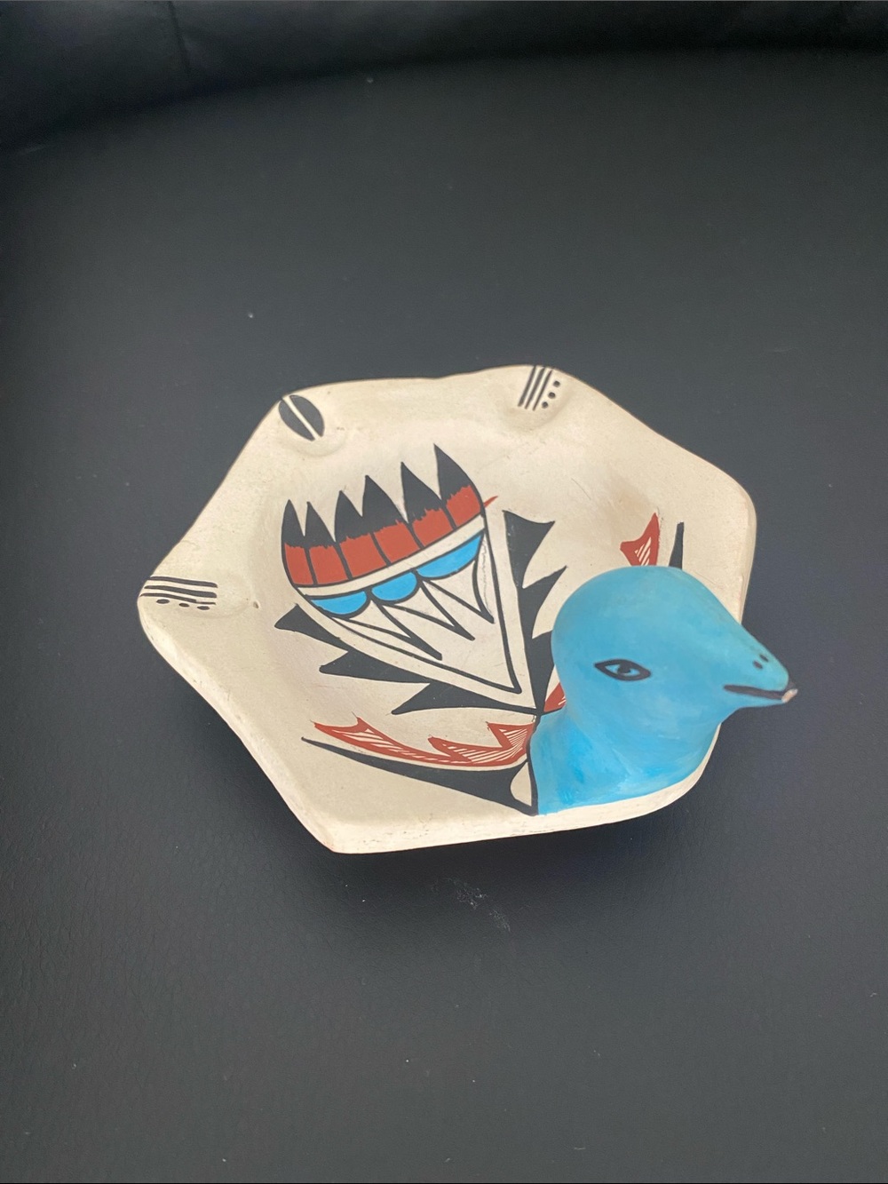 Hand-Painted Southwestern Ceramic Dish with Blue Bird Motif